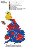 Auf der Grafik sehen Sie eine Karte Großbritanntiens, in der die Ergebnisse der Parlamentswahlen vom Dezember 2019 in farbigen Punkte je Wahlkreis dargestellt ist. Es überwiegen blaube Punkte für die Konservativen, rote Punkte für Labour sind weniger zu sehen. In Schottland und Nordirland gibt es zahlreiche andersfarbige Punkte für die siegreichen Regionalparteien.